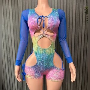 Rainbow Custom Exotic Bartender Dancer Rave Festival One Piece Romper